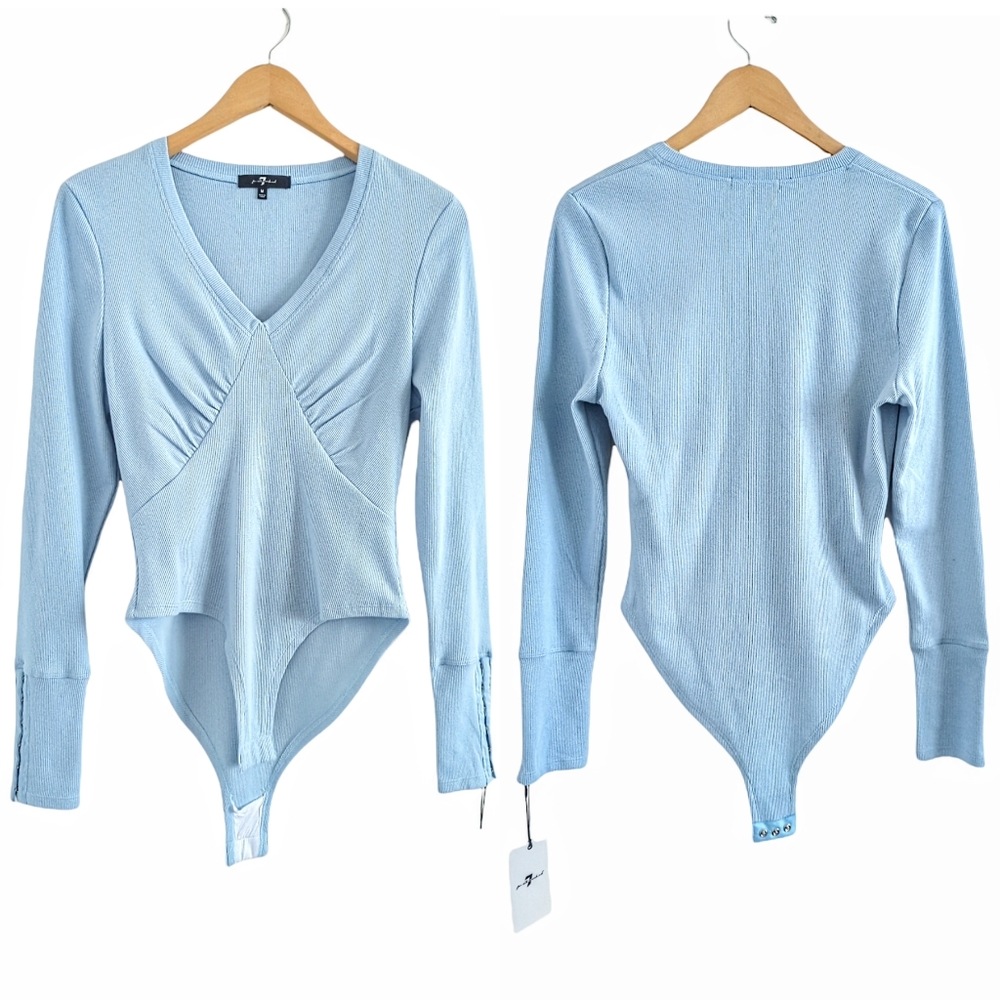7 FOR ALL MANKIND Light Baby Blue Ribbed Knit Ruched Bodycon Bodysuit Medium